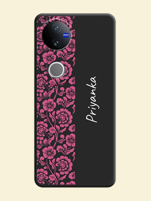 Pink Floral Pattern Design With Custom Text On Space Black Custom Soft Matte Mobile Back Cover - Vivo V50e 5G