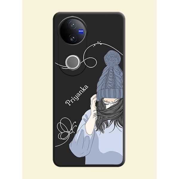 Girl With Blue Winter Outfiit Custom Text Design On Space Black Custom Soft Matte Mobile Back Cover - Vivo V50e 5G Girl With Blue Winter Outfiit Custom Text Design On Space Black Custom Soft Matte Mobile Back Cover - Vivo V50e 5G