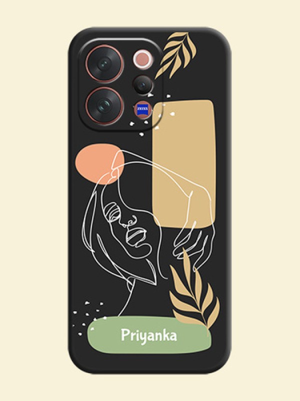 Custom Text With Line Art Of Women & Leaves Design On Space Black Custom Soft Matte Mobile Back Cover - Vivo V70 Elite 5G