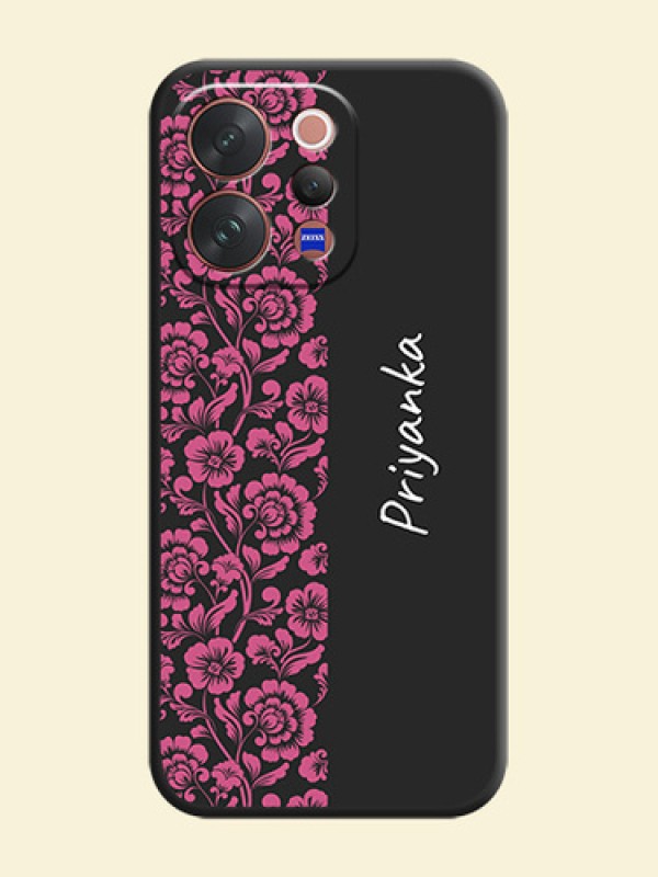 Pink Floral Pattern Design With Custom Text On Space Black Custom Soft Matte Mobile Back Cover - Vivo V70 Elite 5G