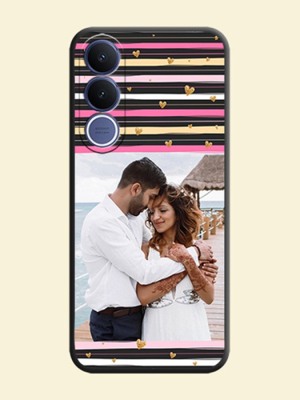 Multicolor Lines and Golden Love Symbols Design on Photo On Space Black Custom Soft Matte Mobile Back Cover - Vivo V70 Fe 5G