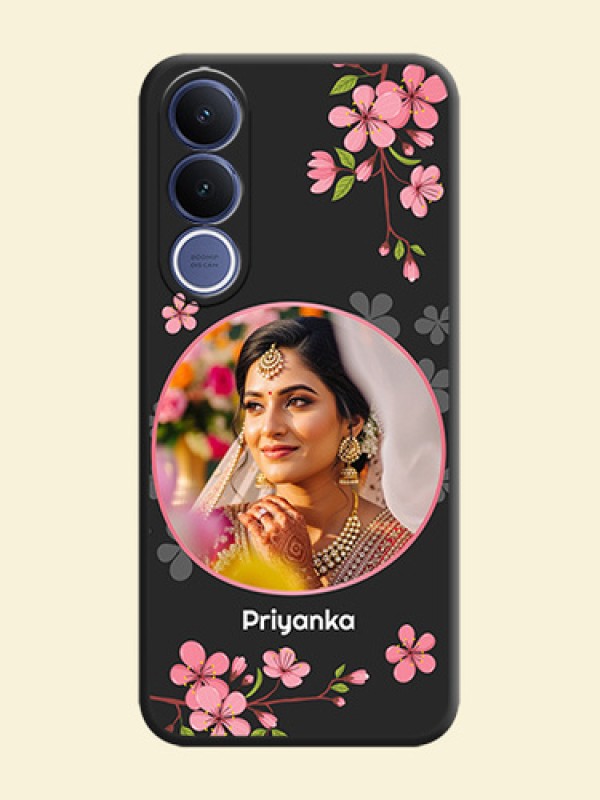 Round Image with Pink Color Floral Design on Photo On Space Black Custom Soft Matte Mobile Back Cover - Vivo V70 Fe 5G