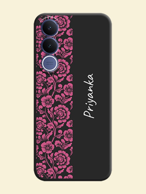Pink Floral Pattern Design With Custom Text On Space Black Custom Soft Matte Mobile Back Cover - Vivo V70 Fe 5G