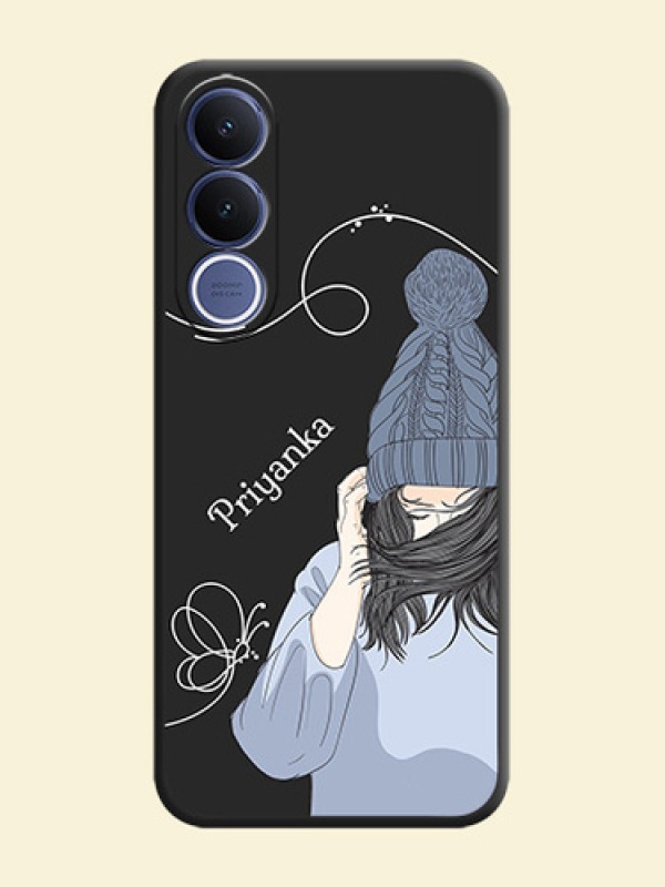 Girl With Blue Winter Outfiit Custom Text Design On Space Black Custom Soft Matte Mobile Back Cover - Vivo V70 Fe 5G