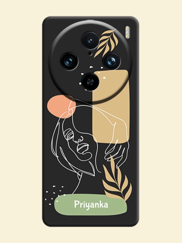 Custom Text With Line Art Of Women & Leaves Design On Space Black Personalized Soft Matte Phone Covers - Vivo X100 Pro 5G