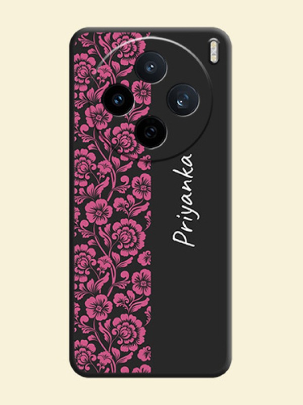 Pink Floral Pattern Design With Custom Text On Space Black Custom Soft Matte Mobile Back Cover - Vivo X200T 5G