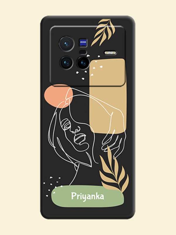 Custom Text With Line Art Of Women & Leaves Design On Space Black Personalized Soft Matte Phone Covers -Vivo X80 5G