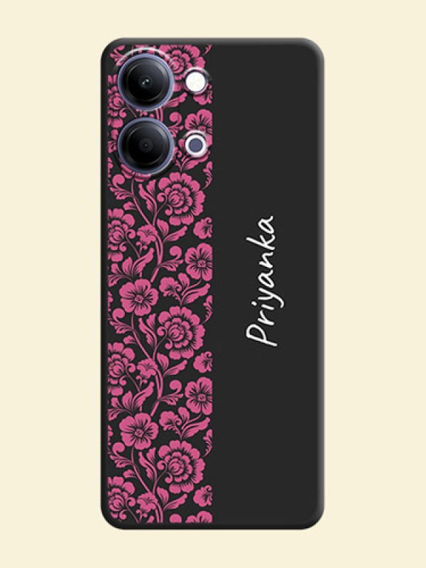 Pink Floral Pattern Design With Custom Text On Space Black Custom Soft Matte Mobile Back Cover - Vivo Y11 5G