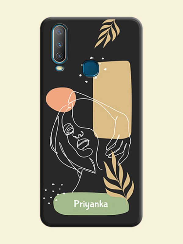 Custom Text With Line Art Of Women & Leaves Design On Space Black Personalized Soft Matte Phone Covers -Vivo Y15