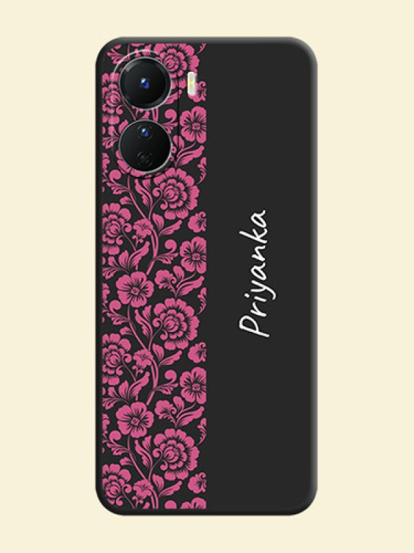 Pink Floral Pattern Design With Custom Text On Space Black Personalized Soft Matte Phone Covers -Vivo Y16