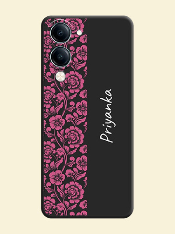Pink Floral Pattern Design With Custom Text On Space Black Custom Soft Matte Mobile Back Cover - Vivo Y19 5G