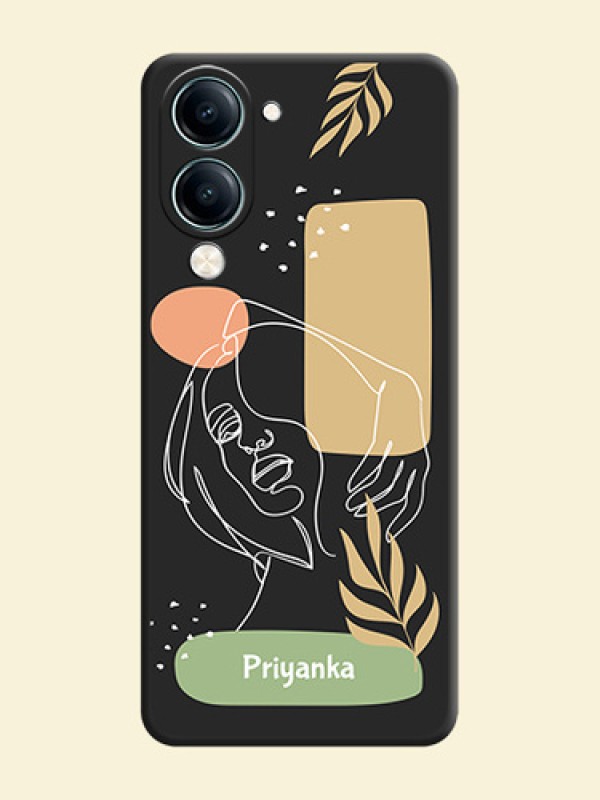 Custom Text With Line Art Of Women & Leaves Design On Space Black Custom Soft Matte Mobile Back Cover - Vivo Y19s