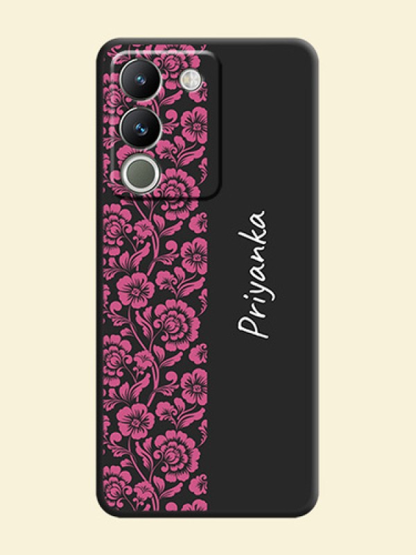 Pink Floral Pattern Design With Custom Text On Space Black Custom Soft Matte Mobile Back Cover - Vivo Y200 5G