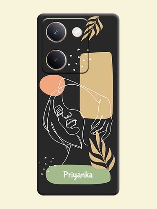 Custom Text With Line Art Of Women & Leaves Design On Space Black Custom Soft Matte Mobile Back Cover - Vivo Y200 Pro 5G