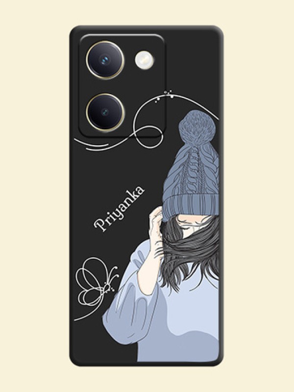 Girl With Blue Winter Outfiit Custom Text Design On Space Black Custom Soft Matte Mobile Back Cover - Vivo Y200 Pro 5G