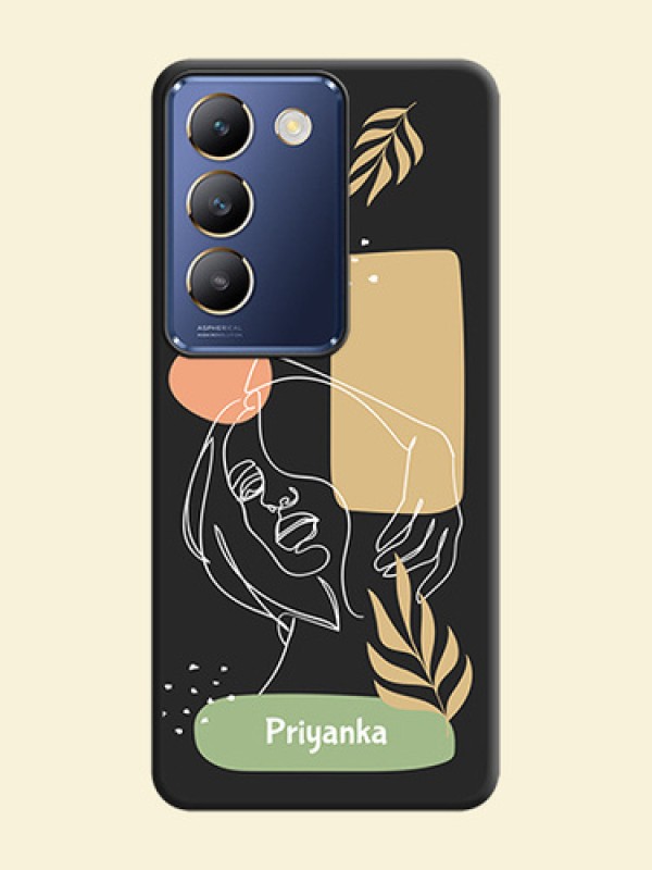 Custom Text With Line Art Of Women & Leaves Design On Space Black Personalized Soft Matte Phone Covers - Vivo Y200E 5G