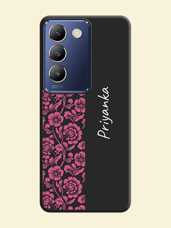 Pink Floral Pattern Design With Custom Text On Space Black Personalized Soft Matte Phone Covers - Vivo Y200E 5G