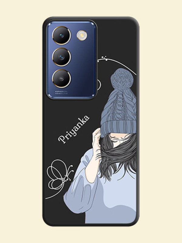 Girl With Blue Winter Outfiit Custom Text Design On Space Black Personalized Soft Matte Phone Covers - Vivo Y200E 5G