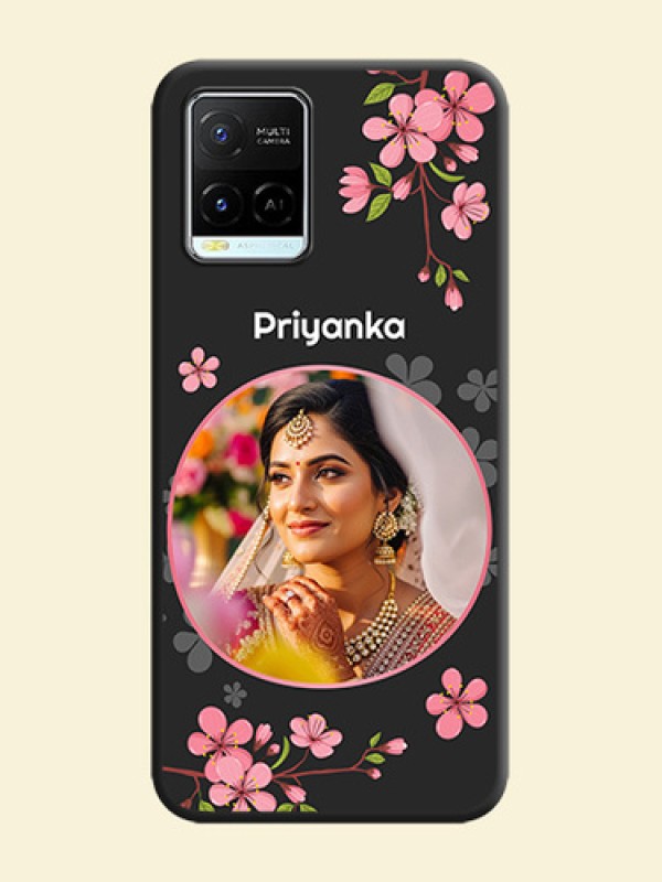 Round Image with Pink Color Floral Design on Photo on Space Black Soft Matte Back Cover - Vivo Y21e