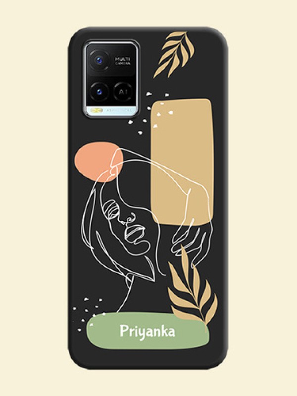 Custom Text With Line Art Of Women & Leaves Design On Space Black Personalized Soft Matte Phone Covers -Vivo Y21E