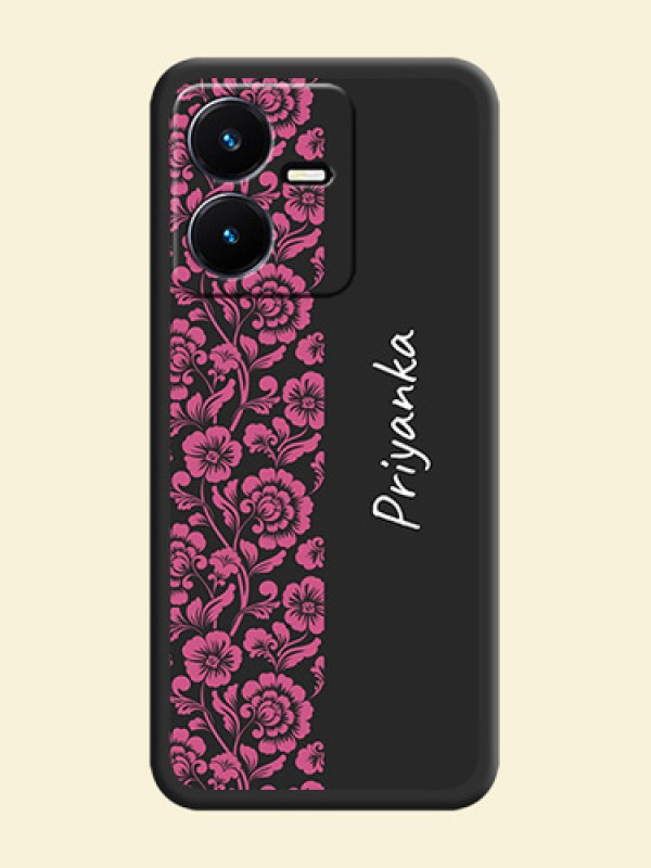 Pink Floral Pattern Design With Custom Text On Space Black Personalized Soft Matte Phone Covers -Vivo Y22