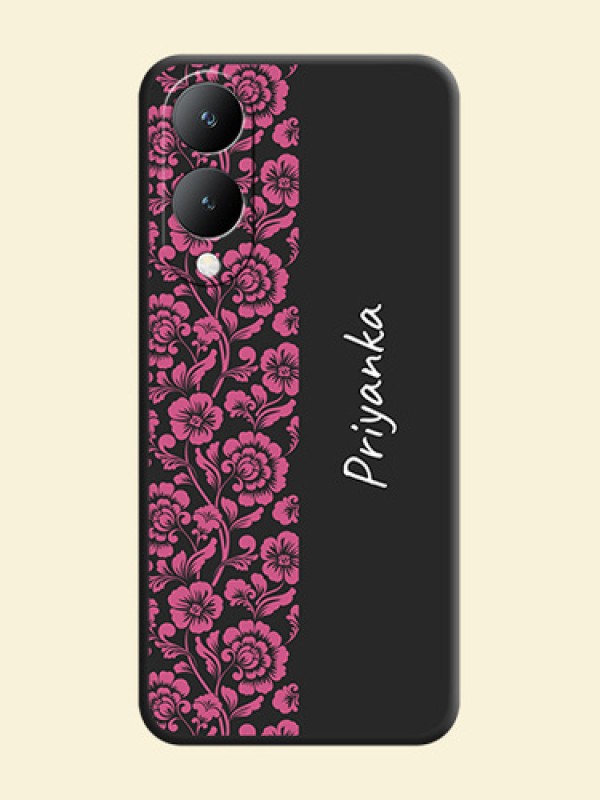 Pink Floral Pattern Design With Custom Text On Space Black Personalized Soft Matte Phone Covers -Vivo Y28 5G