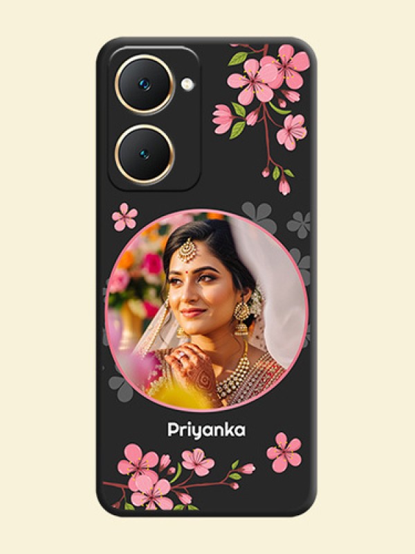Round Image with Pink Color Floral Design on Photo On Space Black Custom Soft Matte Mobile Back Cover - Vivo Y28s 5G