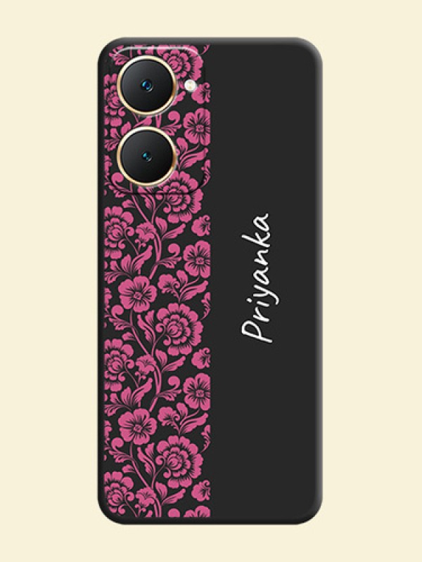 Pink Floral Pattern Design With Custom Text On Space Black Custom Soft Matte Mobile Back Cover - Vivo Y28s 5G