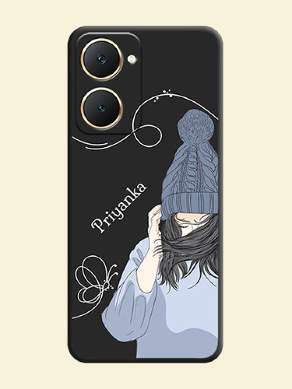 Girl With Blue Winter Outfiit Custom Text Design On Space Black Custom Soft Matte Mobile Back Cover - Vivo Y28s 5G