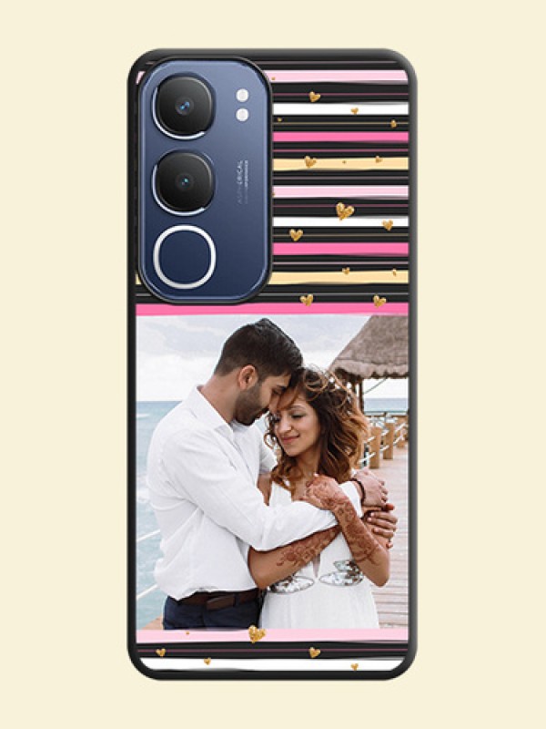 Multicolor Lines and Golden Love Symbols Design on Photo On Space Black Custom Soft Matte Mobile Back Cover - Vivo Y29 5G