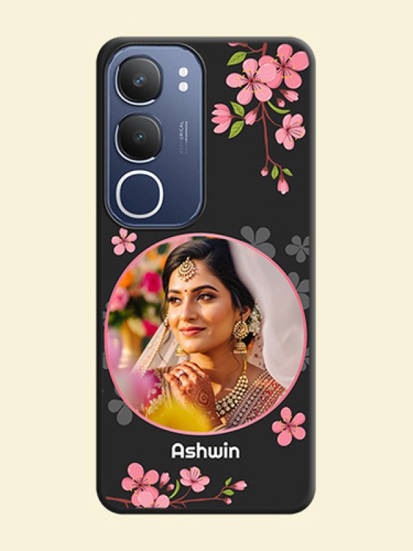 Round Image with Pink Color Floral Design on Photo On Space Black Custom Soft Matte Mobile Back Cover - Vivo Y29 5G