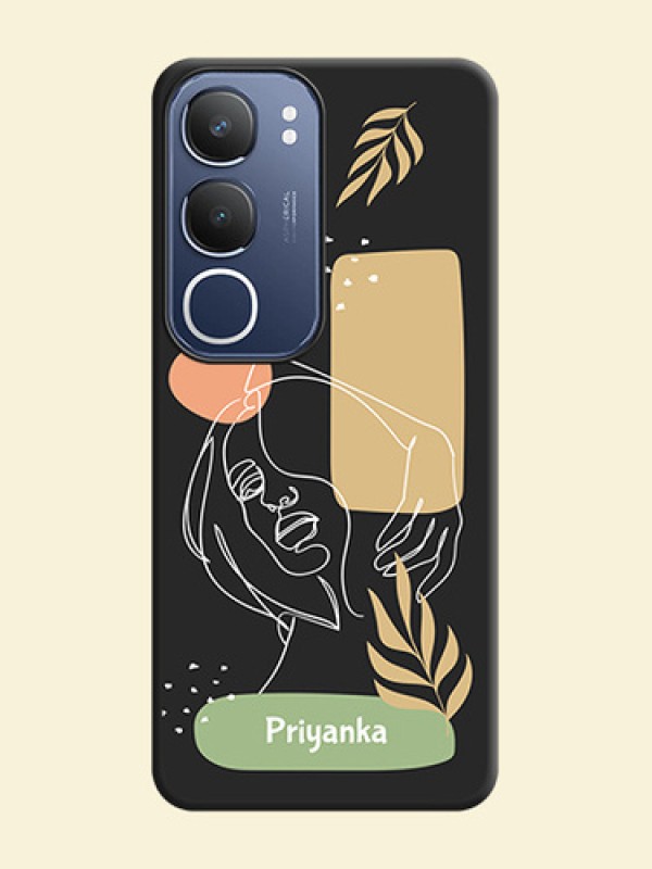 Custom Text With Line Art Of Women & Leaves Design On Space Black Custom Soft Matte Mobile Back Cover - Vivo Y29 5G