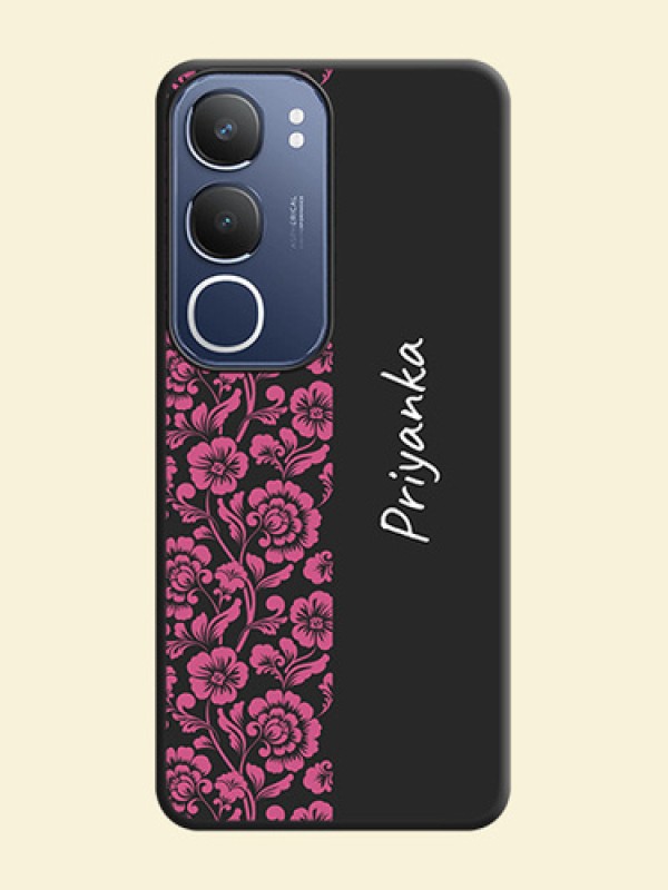 Pink Floral Pattern Design With Custom Text On Space Black Custom Soft Matte Mobile Back Cover - Vivo Y29 5G