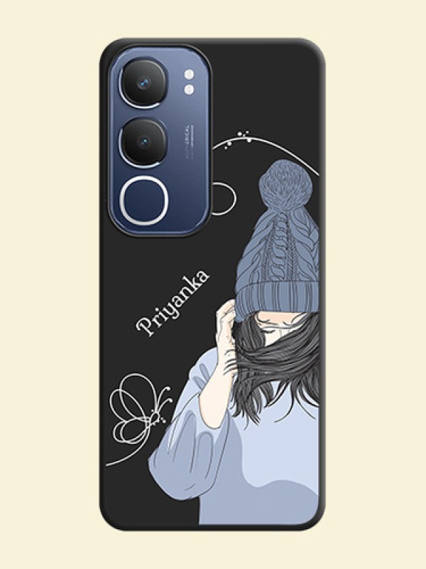 Girl With Blue Winter Outfiit Custom Text Design On Space Black Custom Soft Matte Mobile Back Cover - Vivo Y29 5G