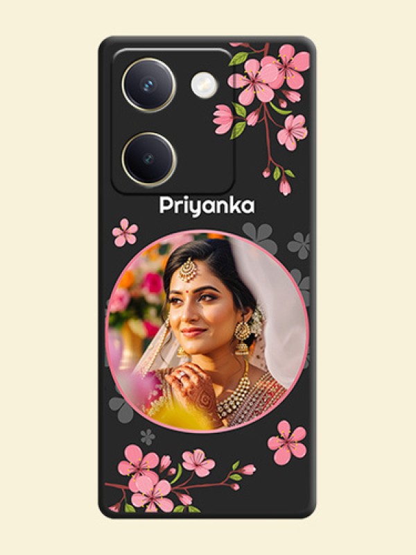 Round Image with Pink Color Floral Design on Photo On Space Black Custom Soft Matte Mobile Back Cover - Vivo Y300 Plus 5G