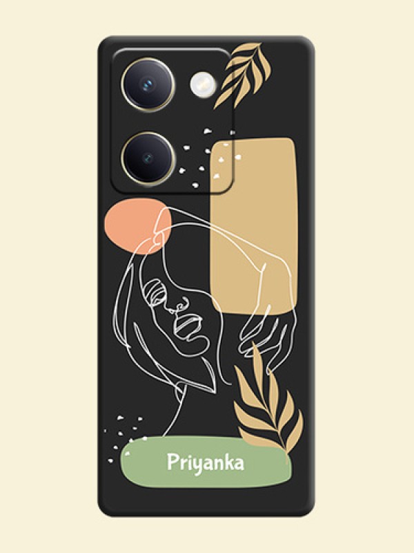 Custom Text With Line Art Of Women & Leaves Design On Space Black Custom Soft Matte Mobile Back Cover - Vivo Y300 Plus 5G