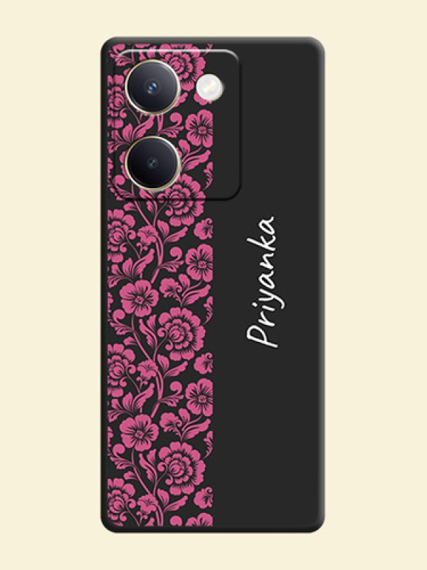 Pink Floral Pattern Design With Custom Text On Space Black Custom Soft Matte Mobile Back Cover - Vivo Y300 Plus 5G