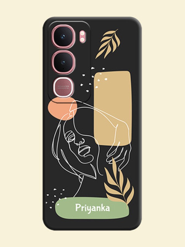Custom Text With Line Art Of Women & Leaves Design On Space Black Custom Soft Matte Mobile Back Cover - Vivo Y31 5G