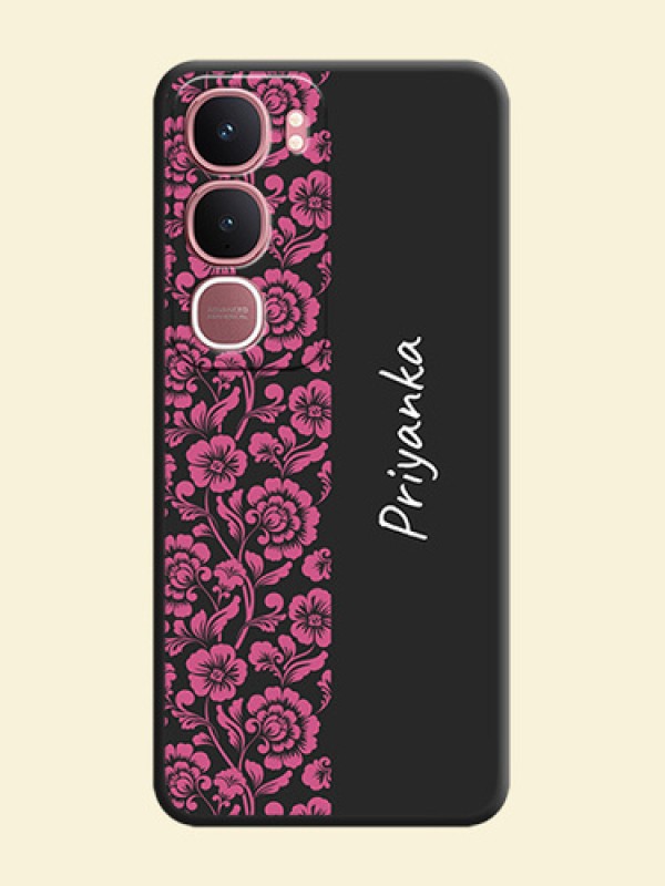 Pink Floral Pattern Design With Custom Text On Space Black Custom Soft Matte Mobile Back Cover - Vivo Y31 5G