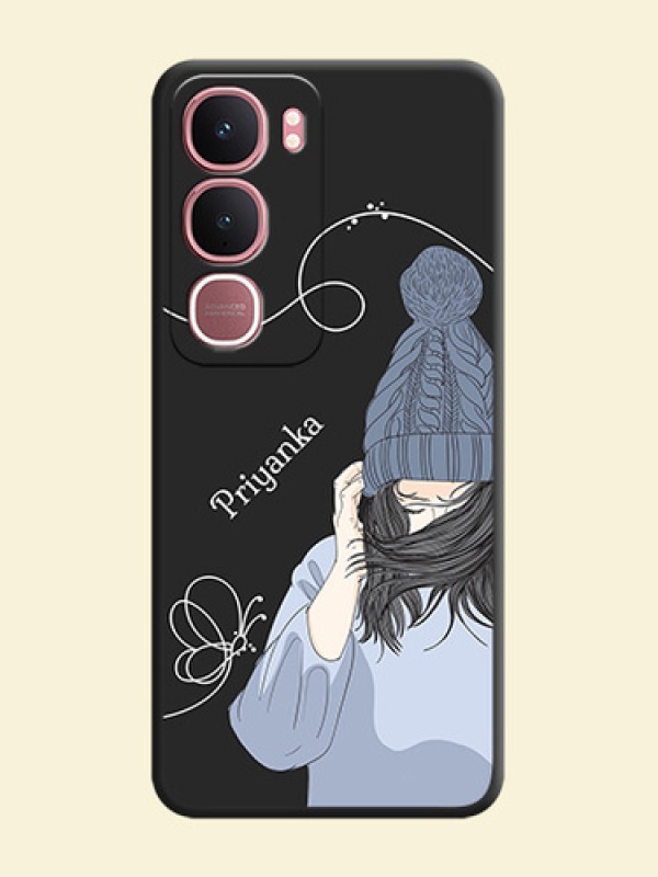 Girl With Blue Winter Outfiit Custom Text Design On Space Black Custom Soft Matte Mobile Back Cover - Vivo Y31 5G