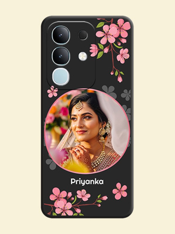 Round Image with Pink Color Floral Design on Photo On Space Black Custom Soft Matte Mobile Back Cover - Vivo Y31 Pro 5G