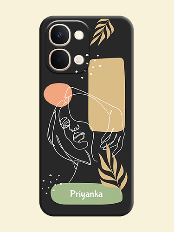 Custom Text With Line Art Of Women & Leaves Design On Space Black Custom Soft Matte Mobile Back Cover - Vivo Y51 Pro 5G