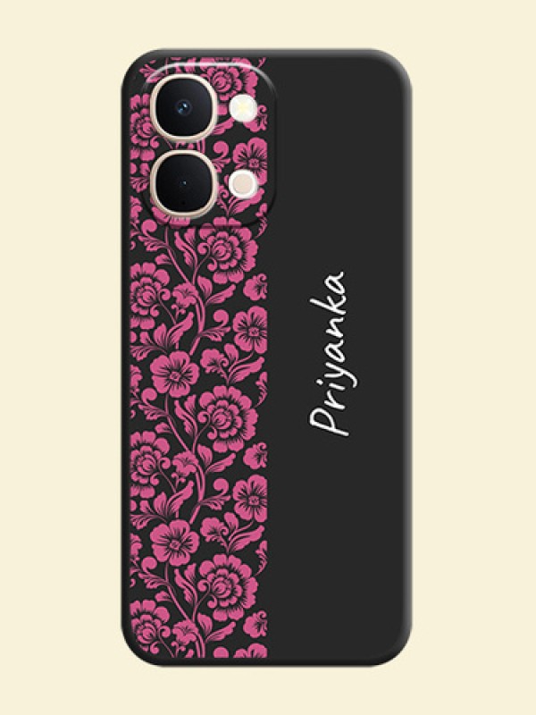 Pink Floral Pattern Design With Custom Text On Space Black Custom Soft Matte Mobile Back Cover - Vivo Y51 Pro 5G