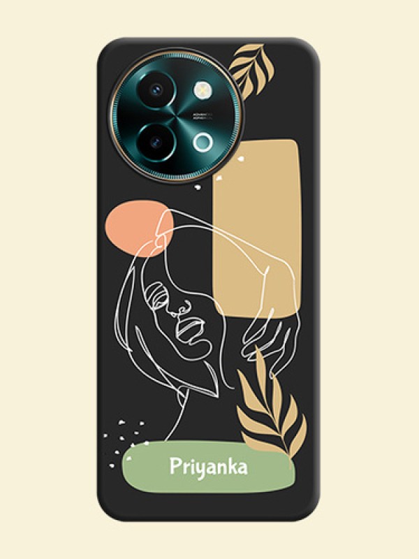 Custom Text With Line Art Of Women & Leaves Design On Space Black Custom Soft Matte Mobile Back Cover - Vivo Y58 5G