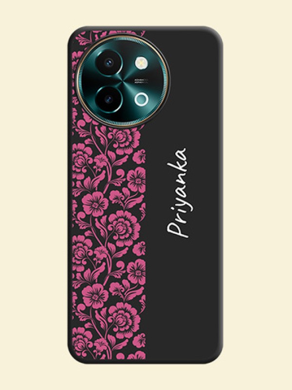 Pink Floral Pattern Design With Custom Text On Space Black Custom Soft Matte Mobile Back Cover - Vivo Y58 5G