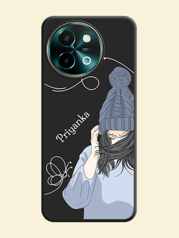 Girl With Blue Winter Outfiit Custom Text Design On Space Black Custom Soft Matte Mobile Back Cover - Vivo Y58 5G