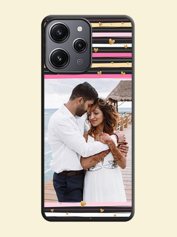 Multicolor Lines and Golden Love Symbols Design - Photo on Space Black Soft Matte Mobile Cover - Redmi 12 4G