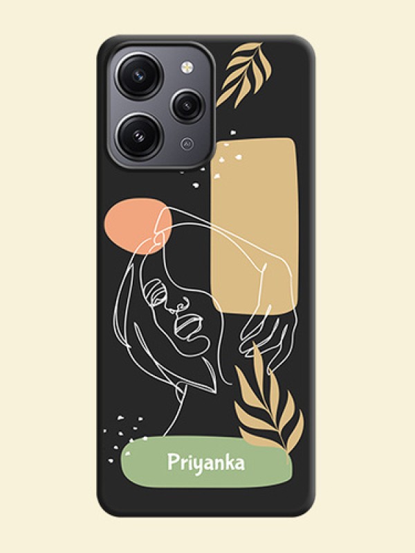 Custom Text With Line Art Of Women & Leaves Design On Space Black Personalized Soft Matte Phone Covers - Redmi 12 4G