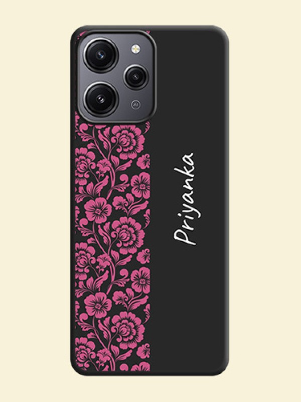 Pink Floral Pattern Design With Custom Text On Space Black Personalized Soft Matte Phone Covers - Redmi 12 4G