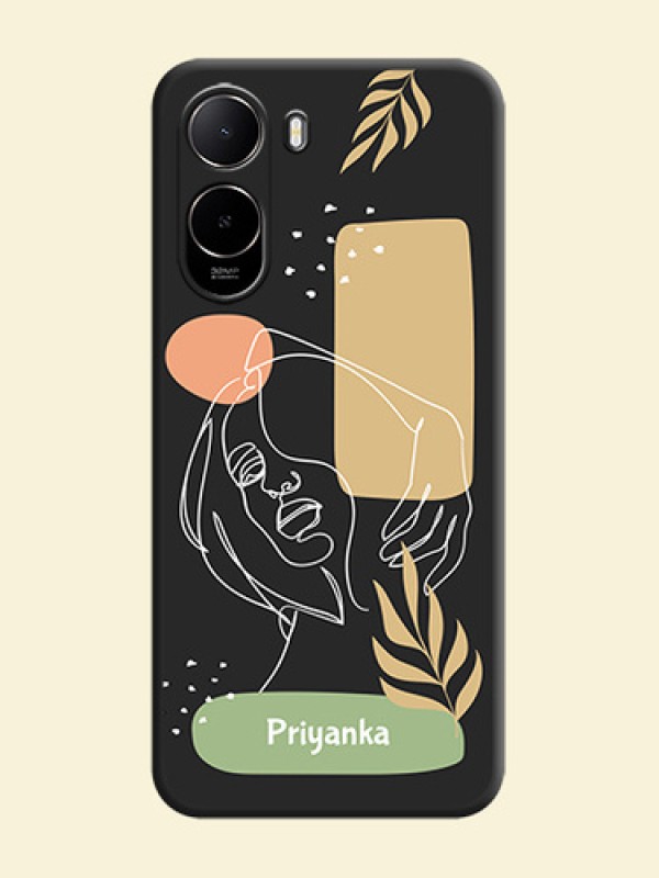 Custom Text With Line Art Of Women & Leaves Design On Space Black Custom Soft Matte Mobile Back Cover - Xiaomi Redmi A7 Pro 4G